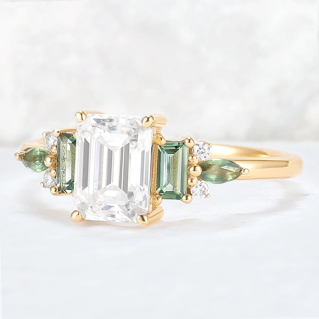 Unique Aveline Emerald Cut Moissanite and Green Sapphire Ring