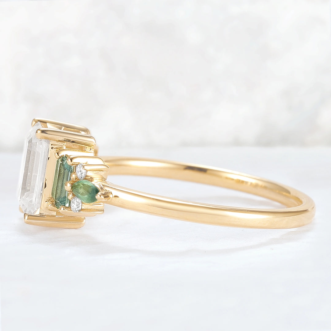 Unique Aveline Emerald Cut Moissanite and Green Sapphire Ring