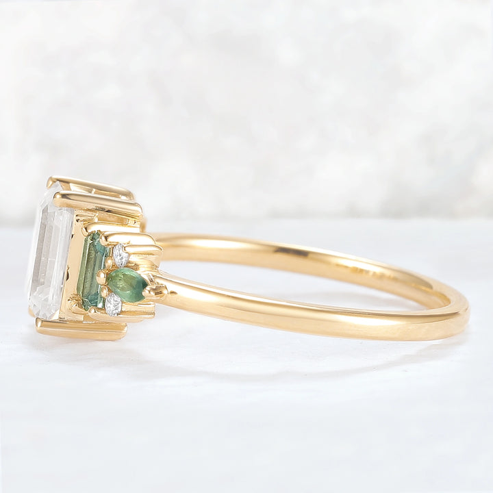Unique Aveline Emerald Cut Moissanite and Green Sapphire Ring