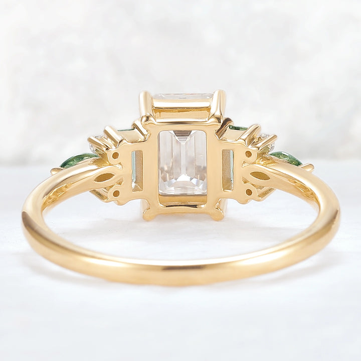 Unique Aveline Emerald Cut Moissanite and Green Sapphire Ring