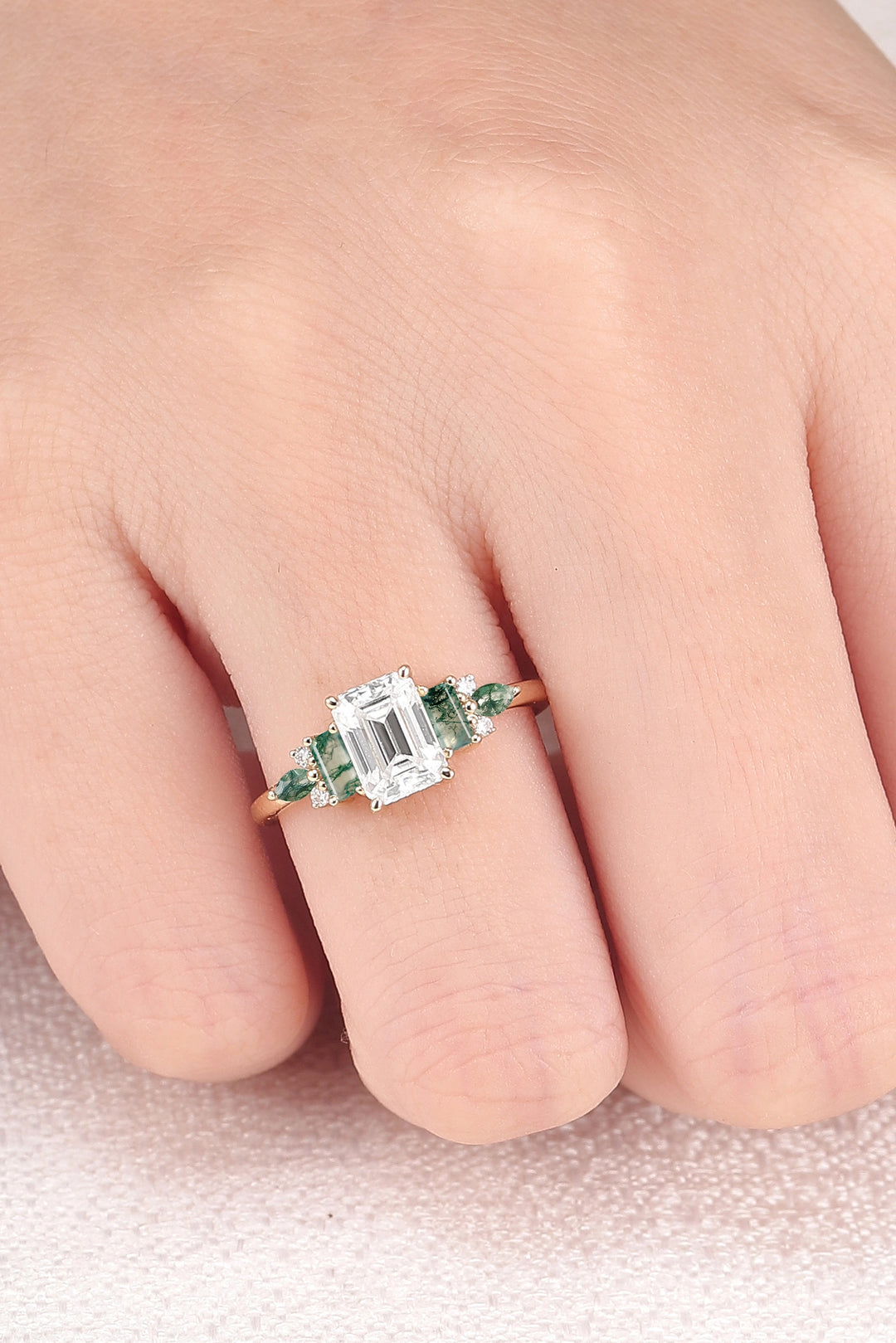 Unique Aveline Emerald Cut Moissanite and Moss Agate Ring