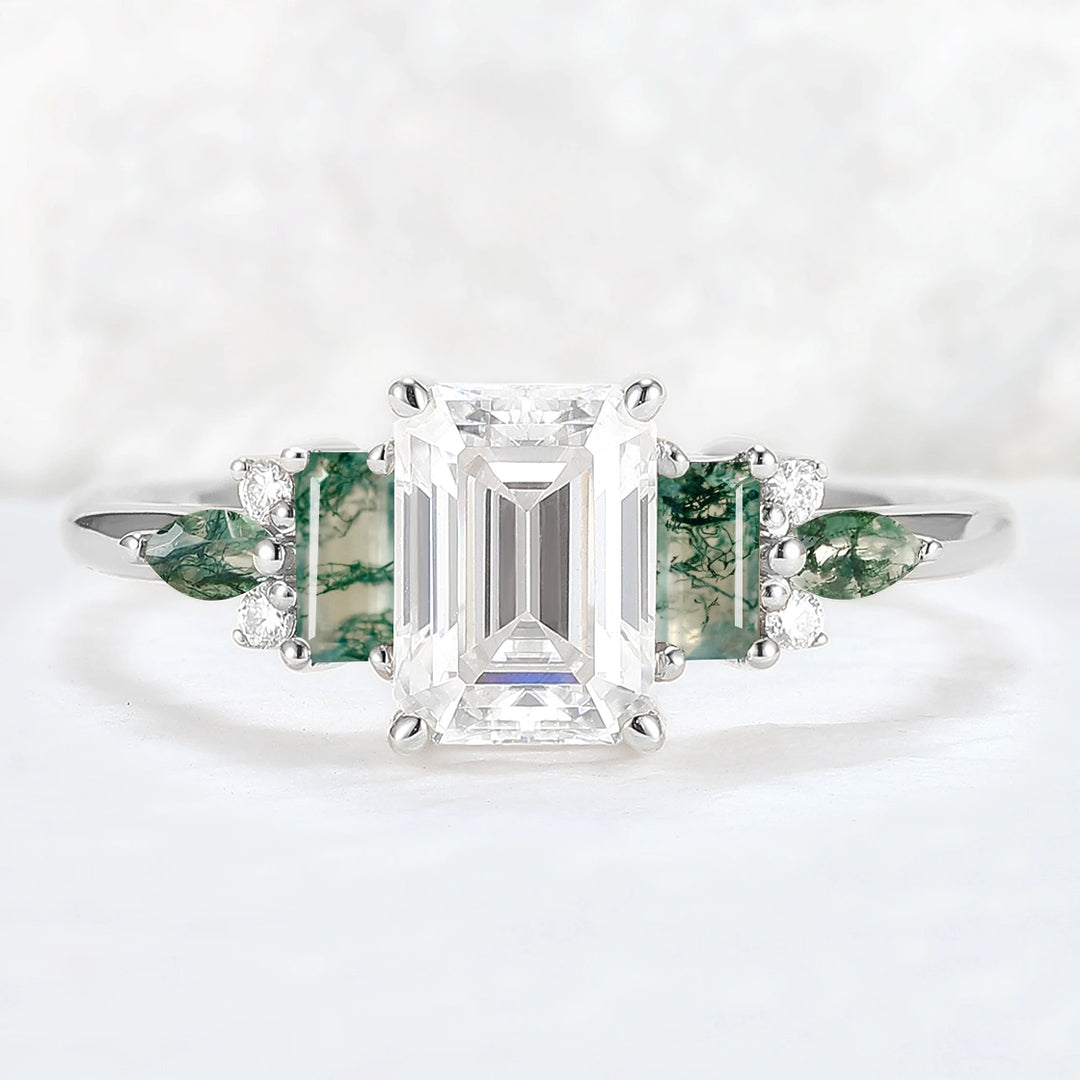 Unique Aveline Emerald Cut Moissanite and Moss Agate Ring