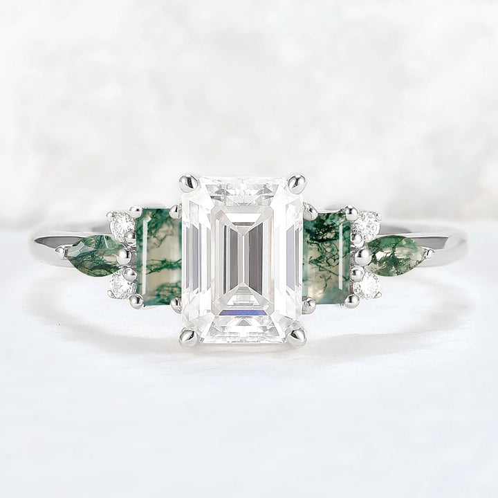 Unique Aveline Emerald Cut Moissanite and Moss Agate Ring
