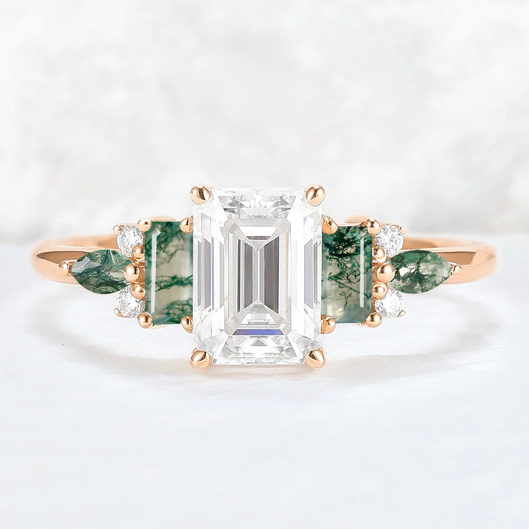 Unique Aveline Emerald Cut Moissanite and Moss Agate Ring
