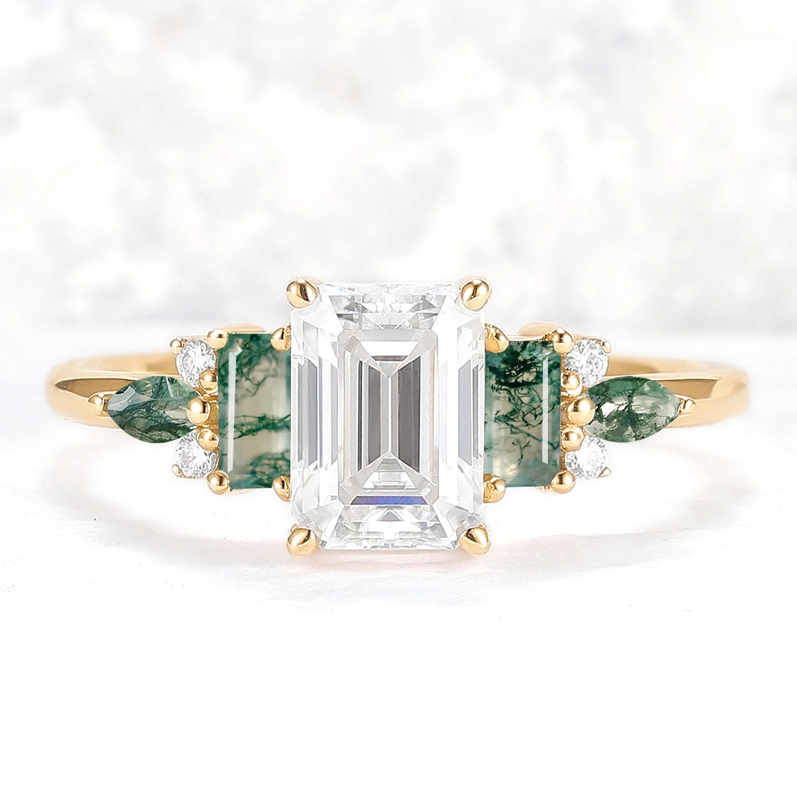 Unique Aveline Emerald Cut Moissanite and Moss Agate Ring