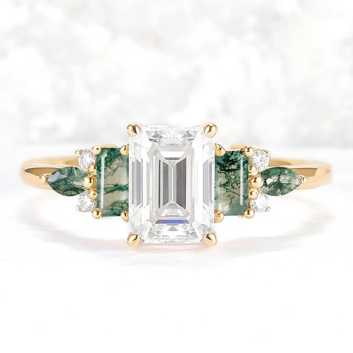 Unique Aveline Emerald Cut Moissanite and Moss Agate Ring