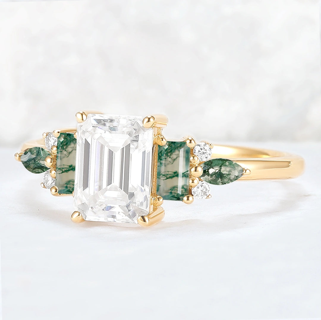 Unique Aveline Emerald Cut Moissanite and Moss Agate Ring