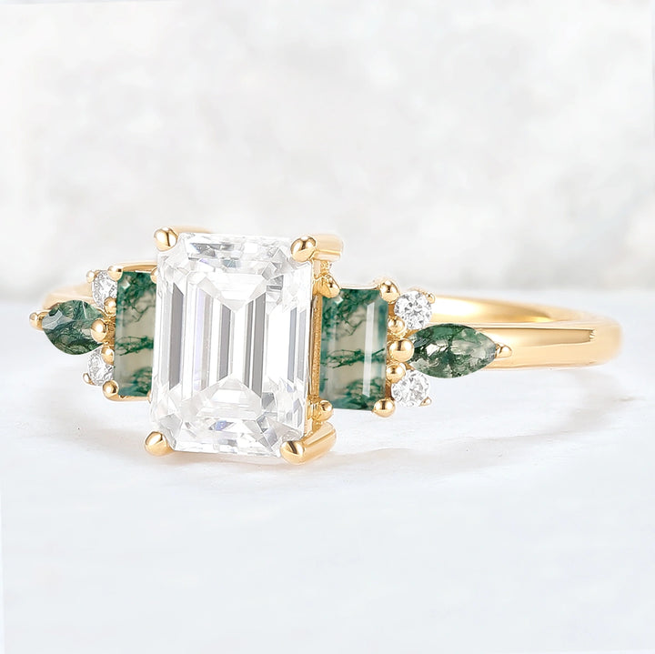 Unique Aveline Emerald Cut Moissanite and Moss Agate Ring