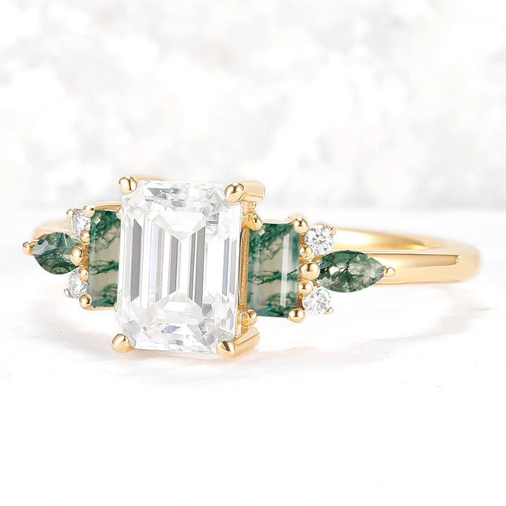Unique Aveline Emerald Cut Moissanite and Moss Agate Ring