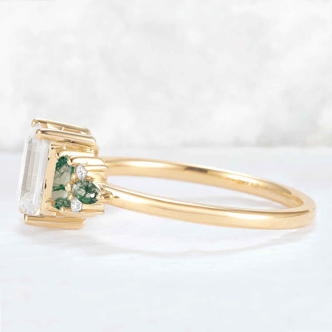 Unique Aveline Emerald Cut Moissanite and Moss Agate Ring
