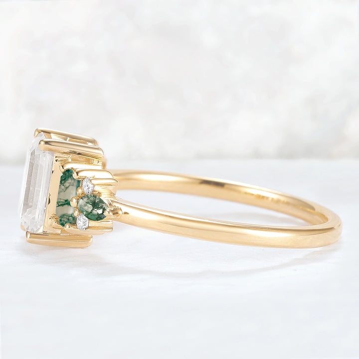 Unique Aveline Emerald Cut Moissanite and Moss Agate Ring