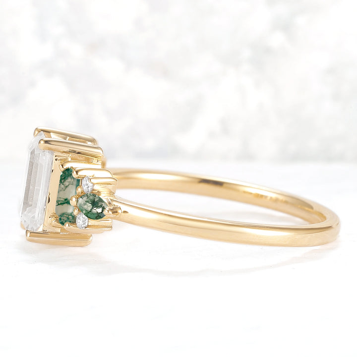 Unique Aveline Emerald Cut Moissanite and Moss Agate Ring