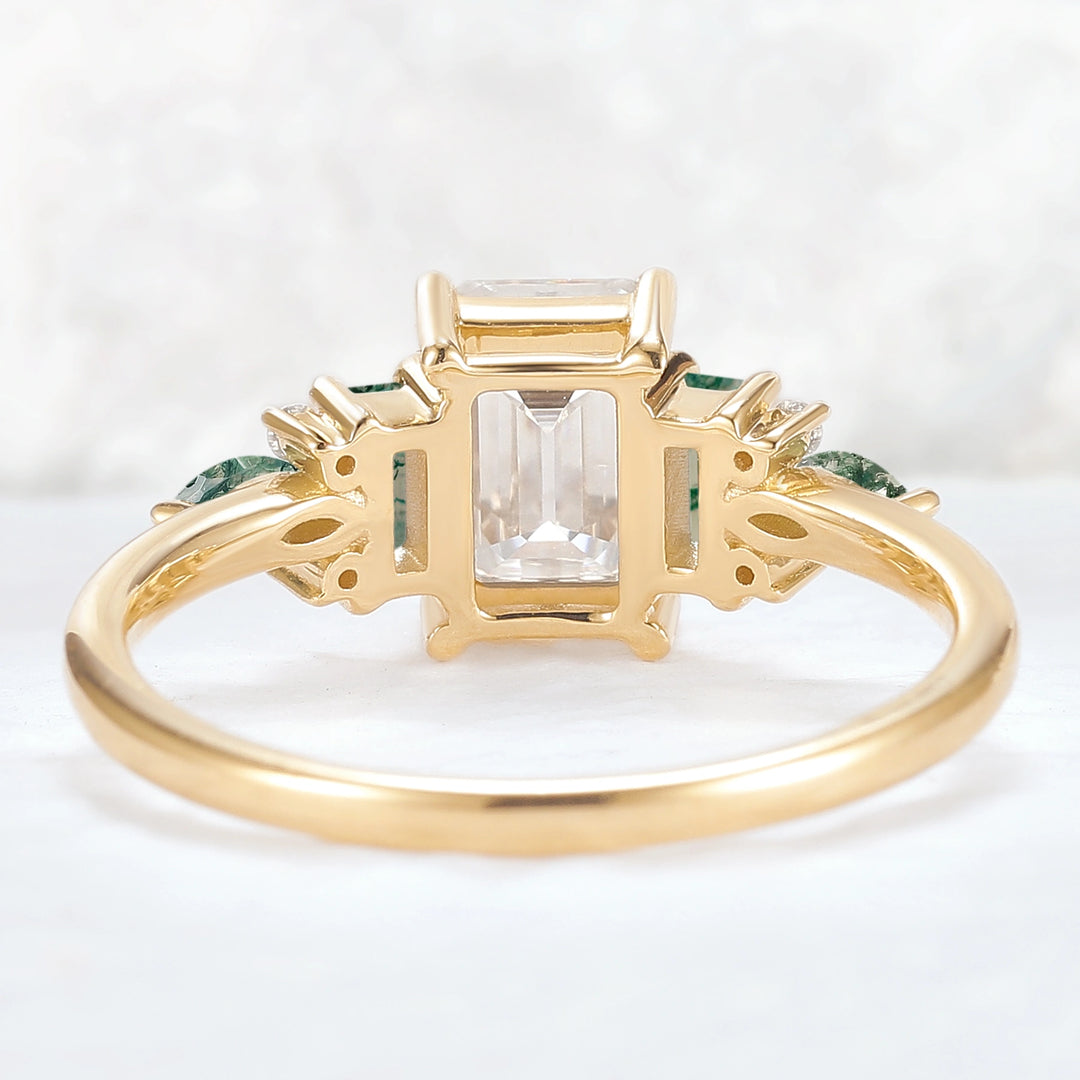 Unique Aveline Emerald Cut Moissanite and Moss Agate Ring