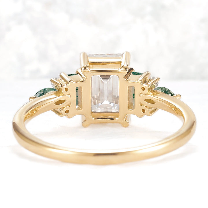 Unique Aveline Emerald Cut Moissanite and Moss Agate Ring