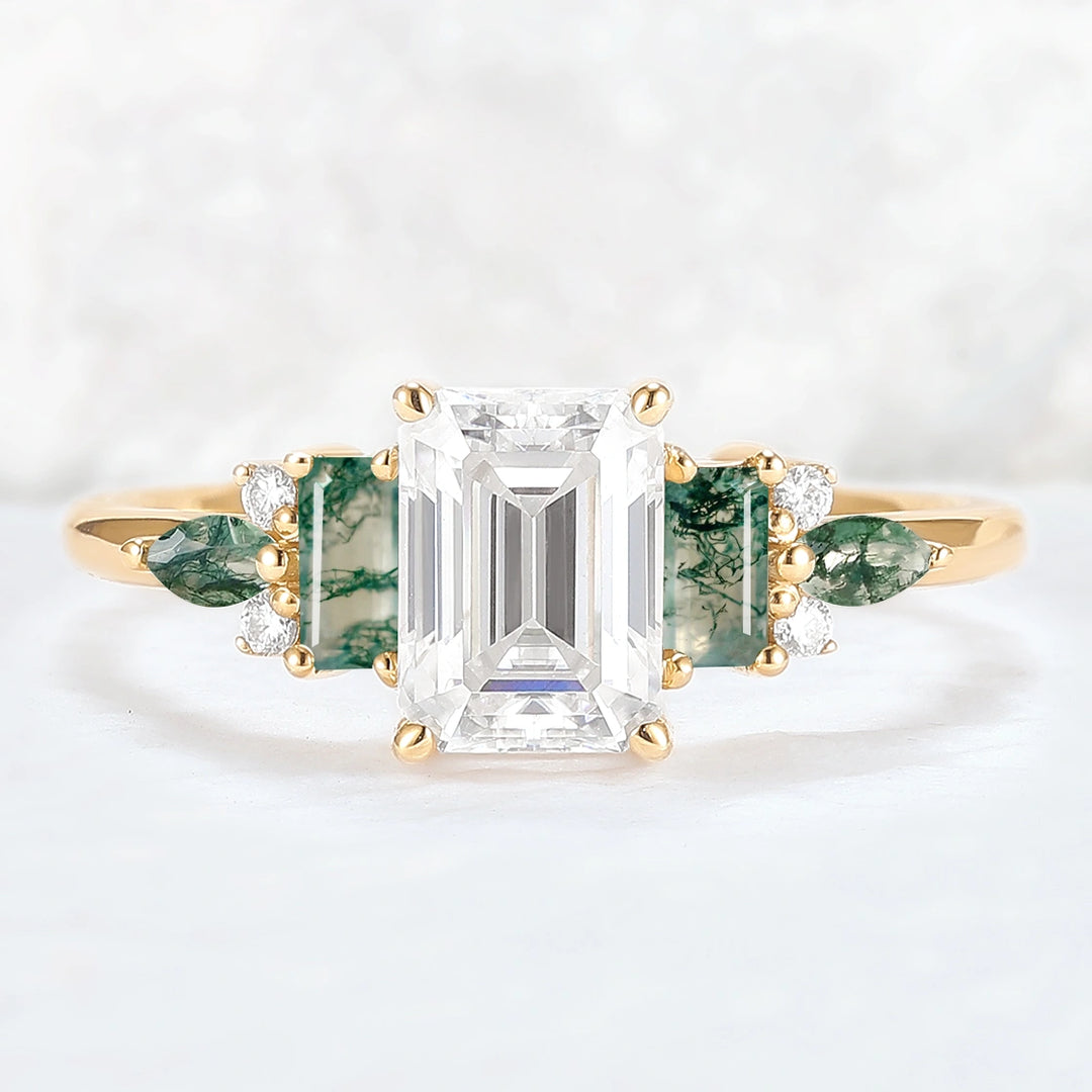 Unique Aveline Emerald Cut Moissanite and Moss Agate Ring