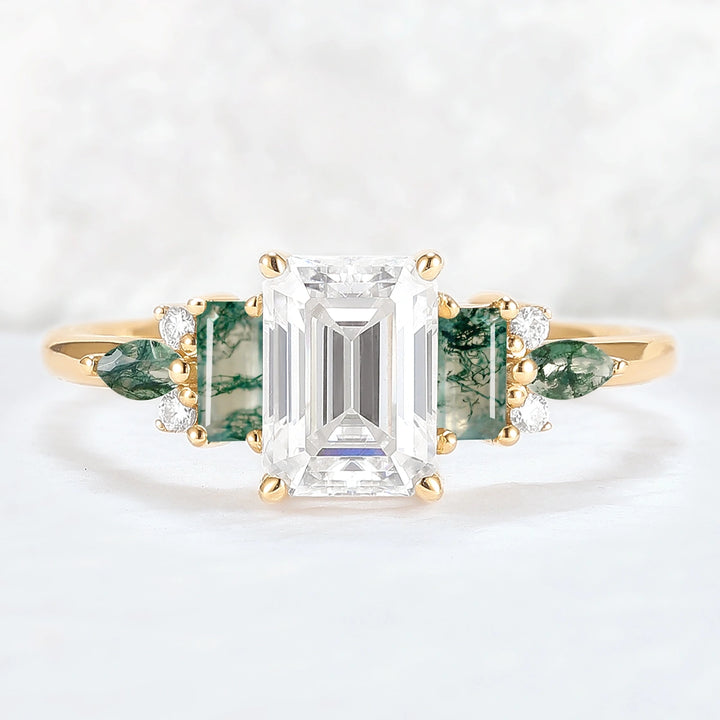 Unique Aveline Emerald Cut Moissanite and Moss Agate Ring