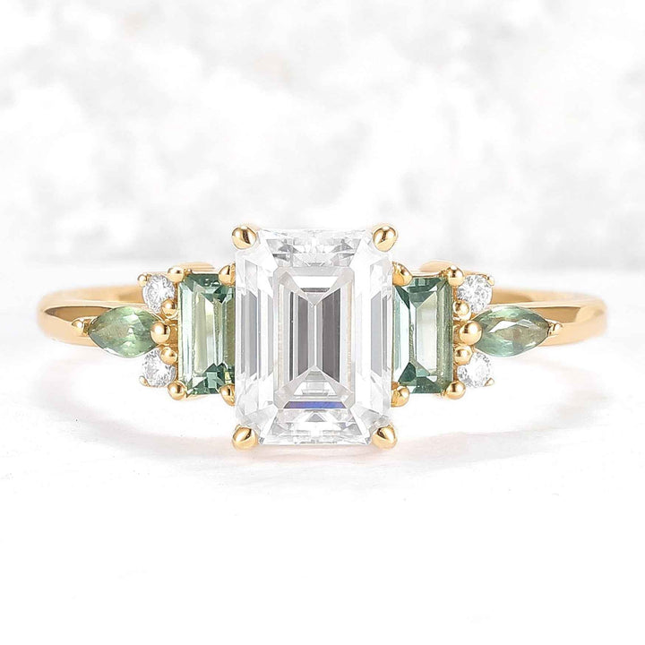 Unique Aveline Emerald Cut Moissanite and Moss Agate Ring