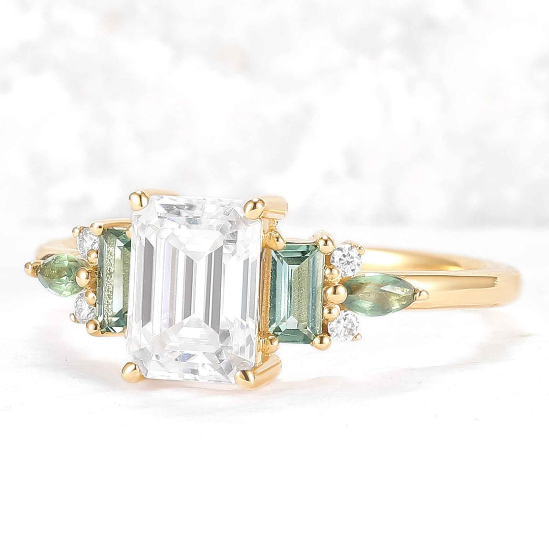 Unique Aveline Emerald Cut Moissanite and Moss Agate Ring