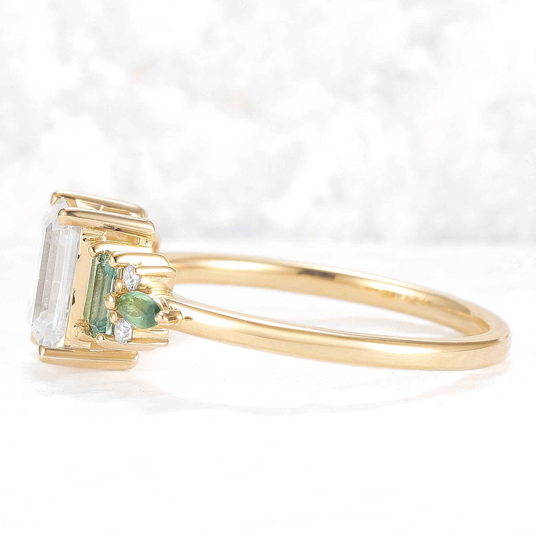 Unique Aveline Emerald Cut Moissanite and Moss Agate Ring