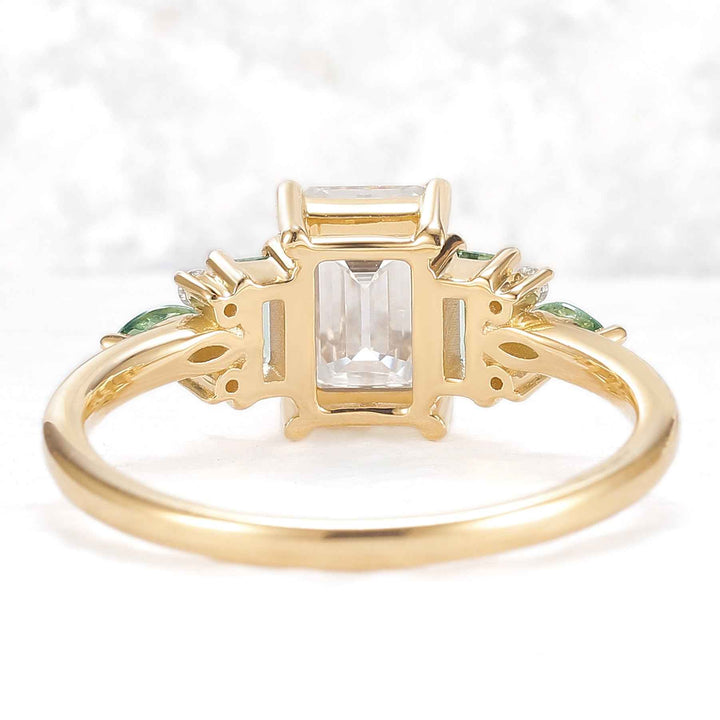 Unique Aveline Emerald Cut Moissanite and Moss Agate Ring