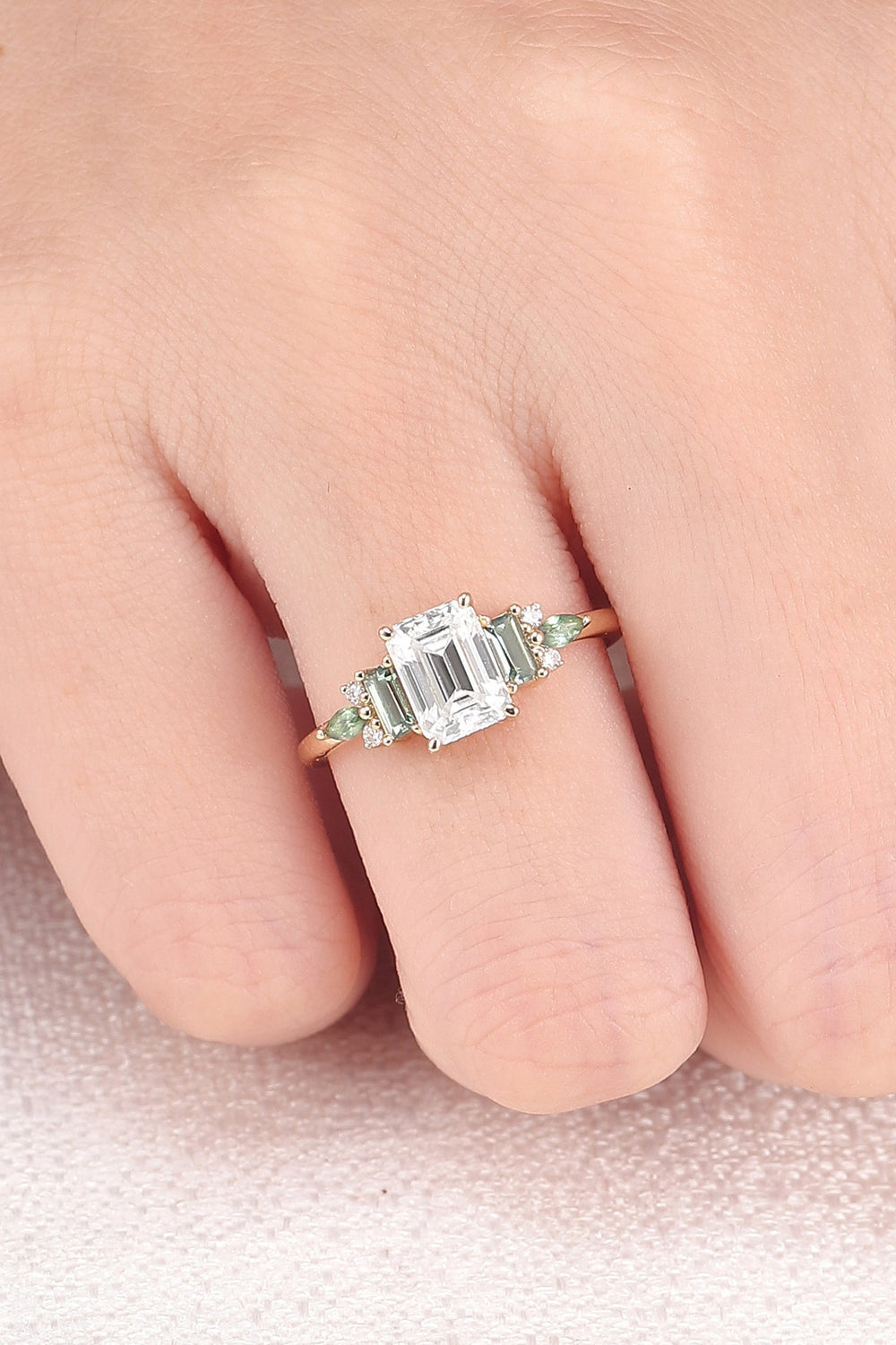 Unique Aveline Emerald Cut Moissanite and Green Sapphire Ring