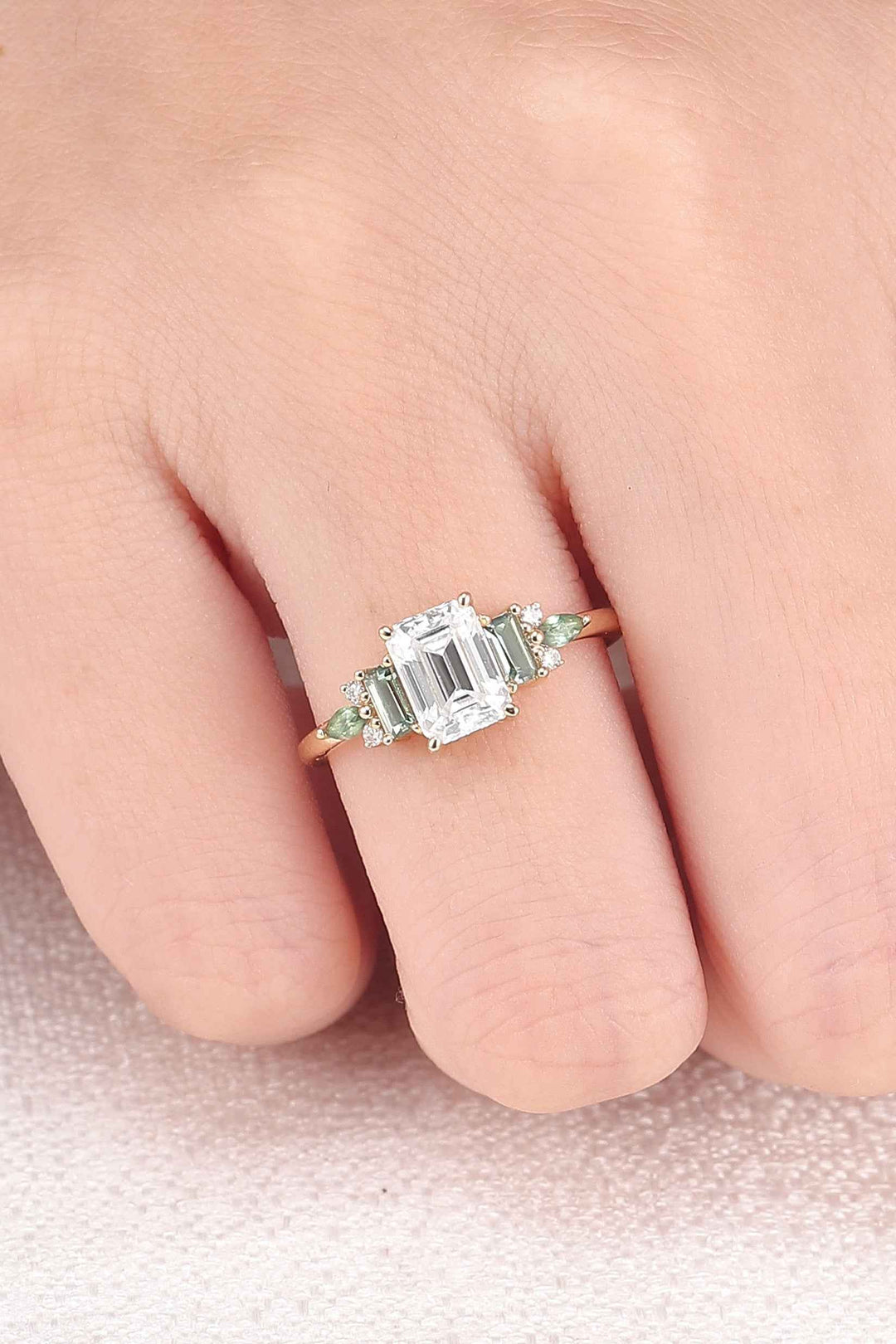 Unique Aveline Emerald Cut Moissanite and Moss Agate Ring