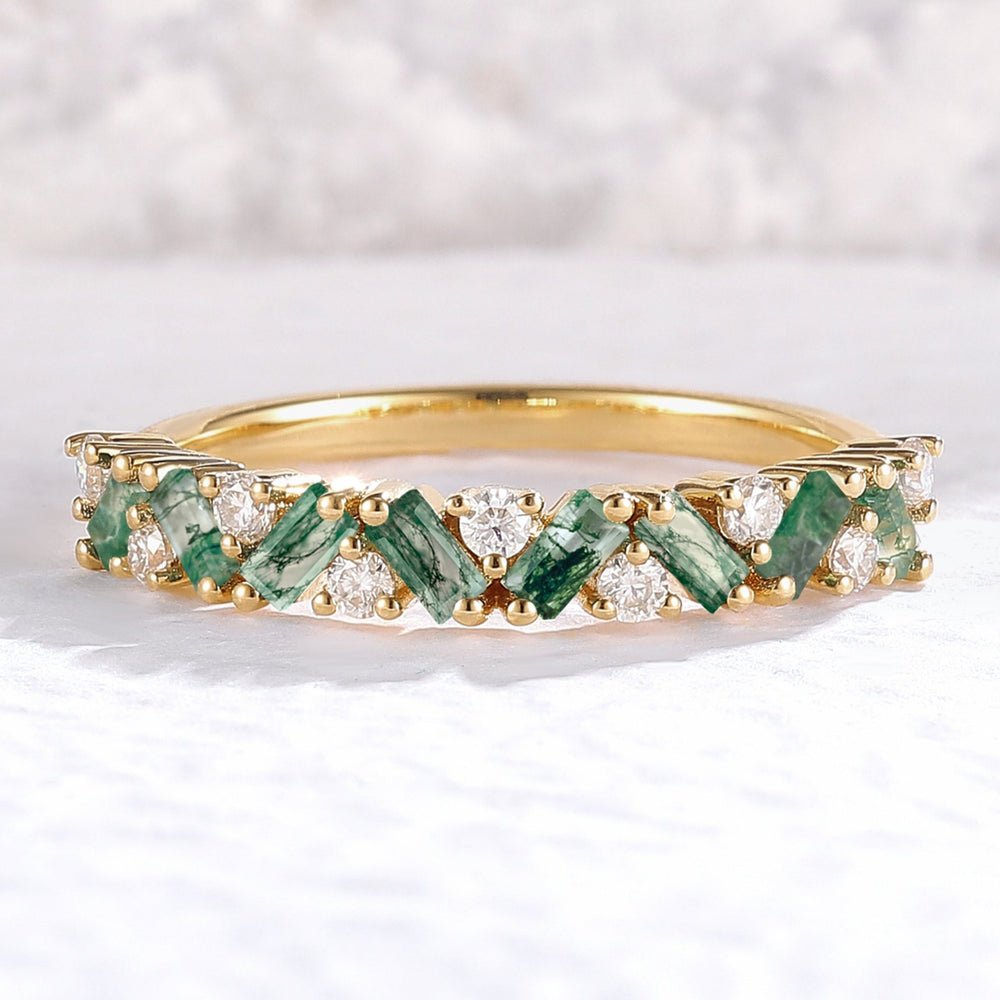 Unique Baguette Moss Agate Art Half Eternity Wedding ring