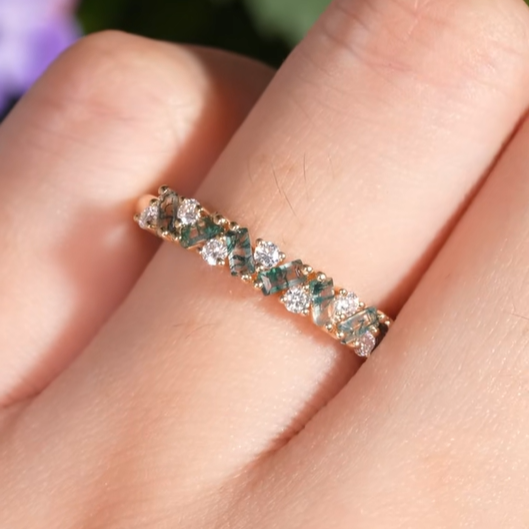 Unique Baguette Moss Agate Art Half Eternity Wedding ring - Iver Jewelry
