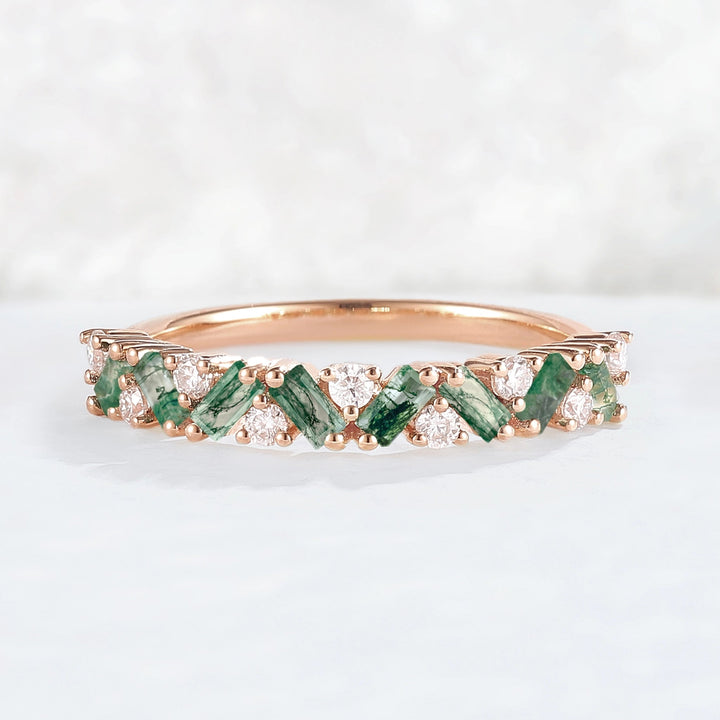 Unique Baguette Moss Agate Art Half Eternity Stacking Ring