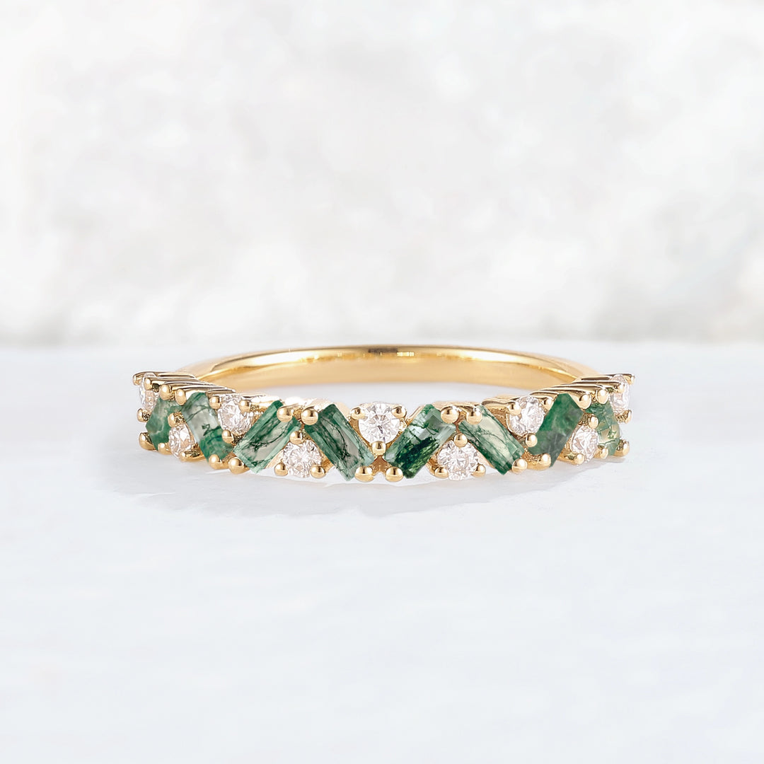 Unique Baguette Moss Agate Art Half Eternity Stacking Ring