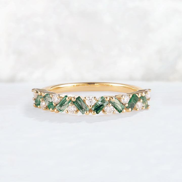Unique Baguette Moss Agate Art Half Eternity Stacking Ring