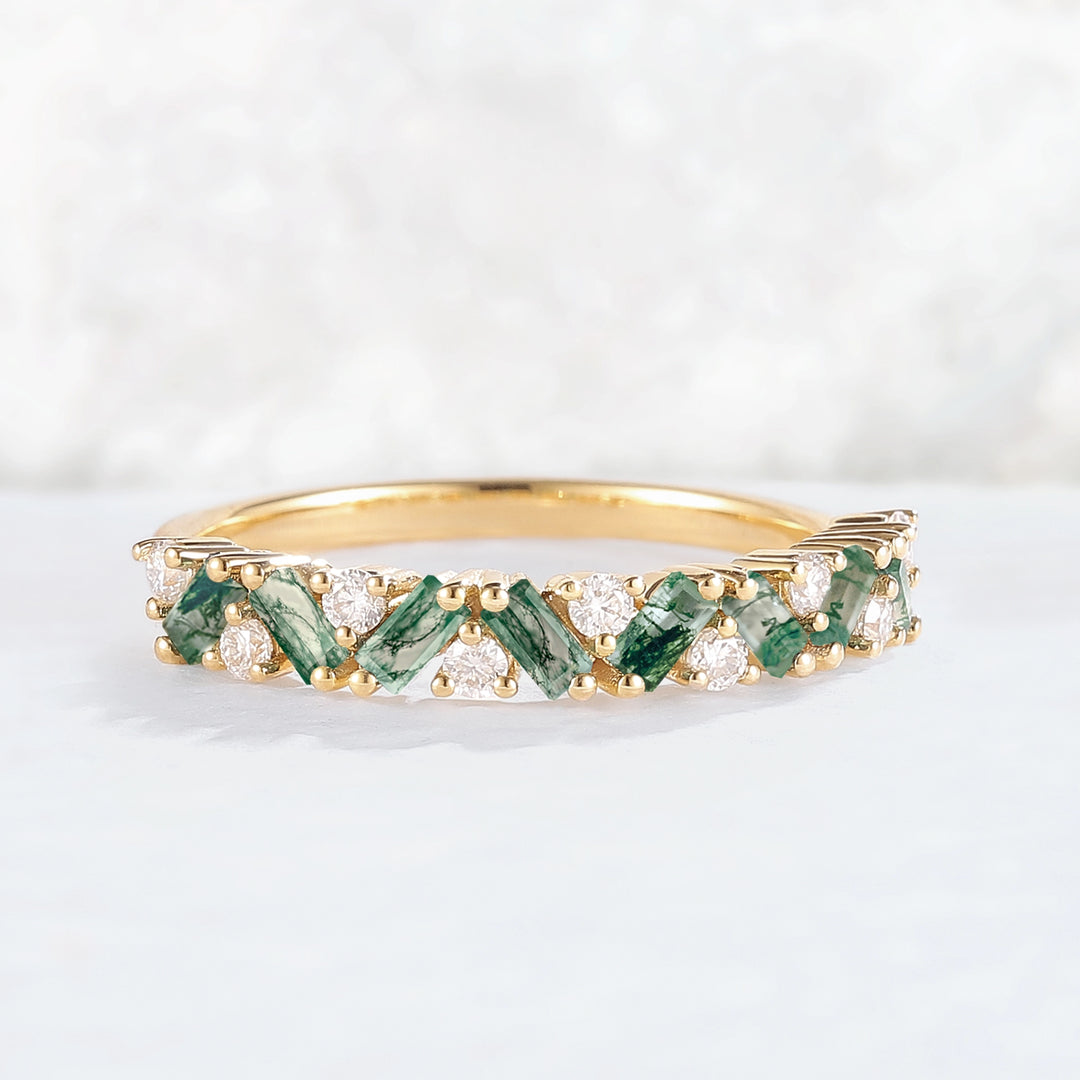 Unique Baguette Moss Agate Art Half Eternity Stacking Ring