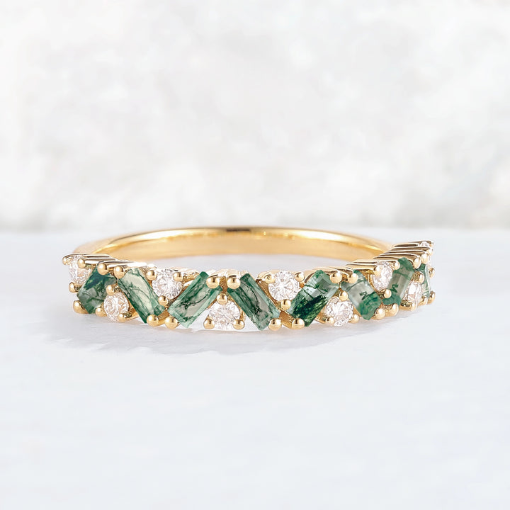 Unique Baguette Moss Agate Art Half Eternity Stacking Ring