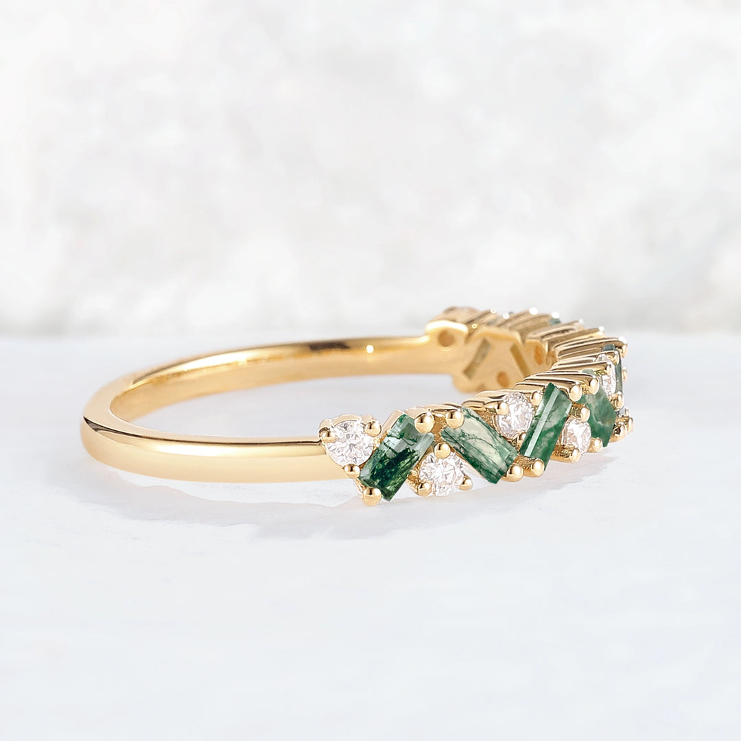 Unique Baguette Moss Agate Art Half Eternity Stacking Ring