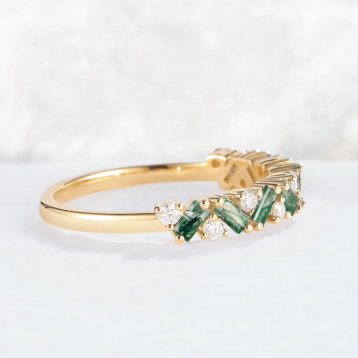Unique Baguette Moss Agate Art Half Eternity Stacking Ring