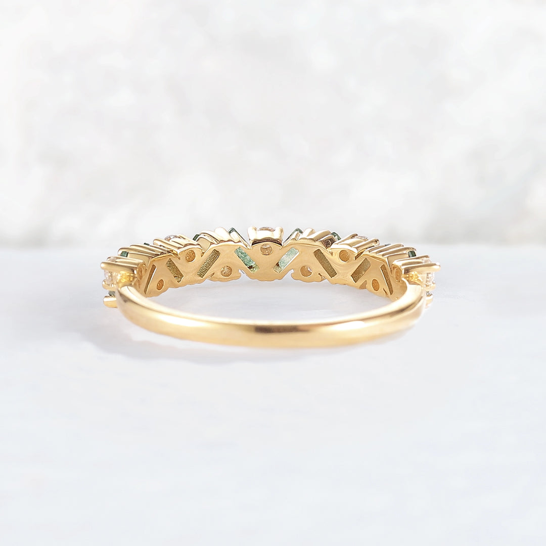 Unique Baguette Moss Agate Art Half Eternity Stacking Ring