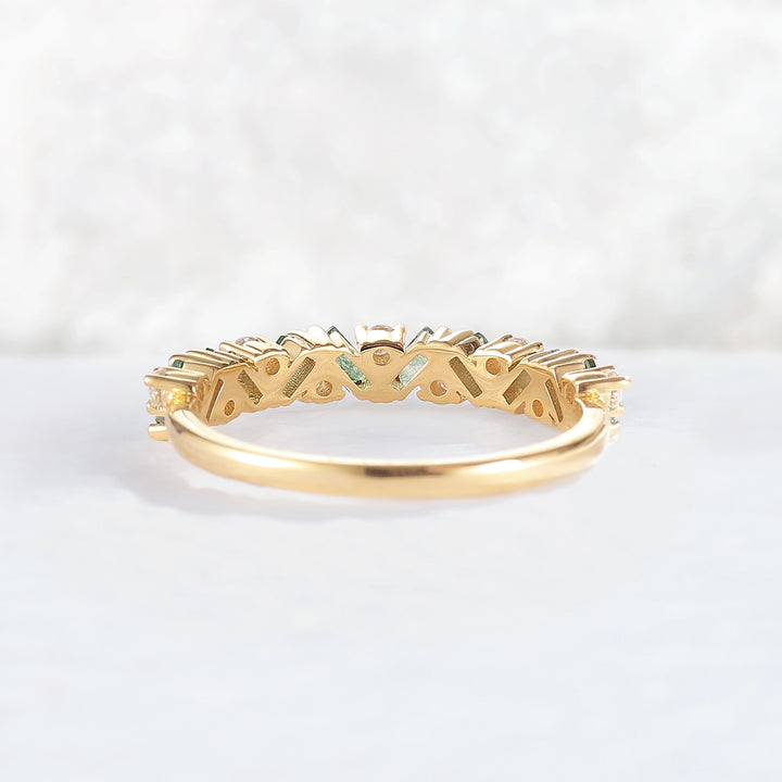 Unique Baguette Moss Agate Art Half Eternity Stacking Ring