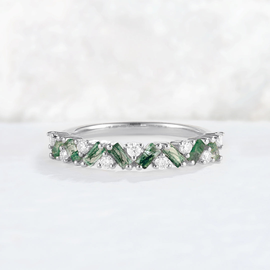 Unique Baguette Moss Agate Art Half Eternity Stacking Ring