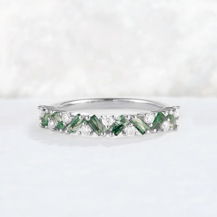 Unique Baguette Moss Agate Art Half Eternity Stacking Ring