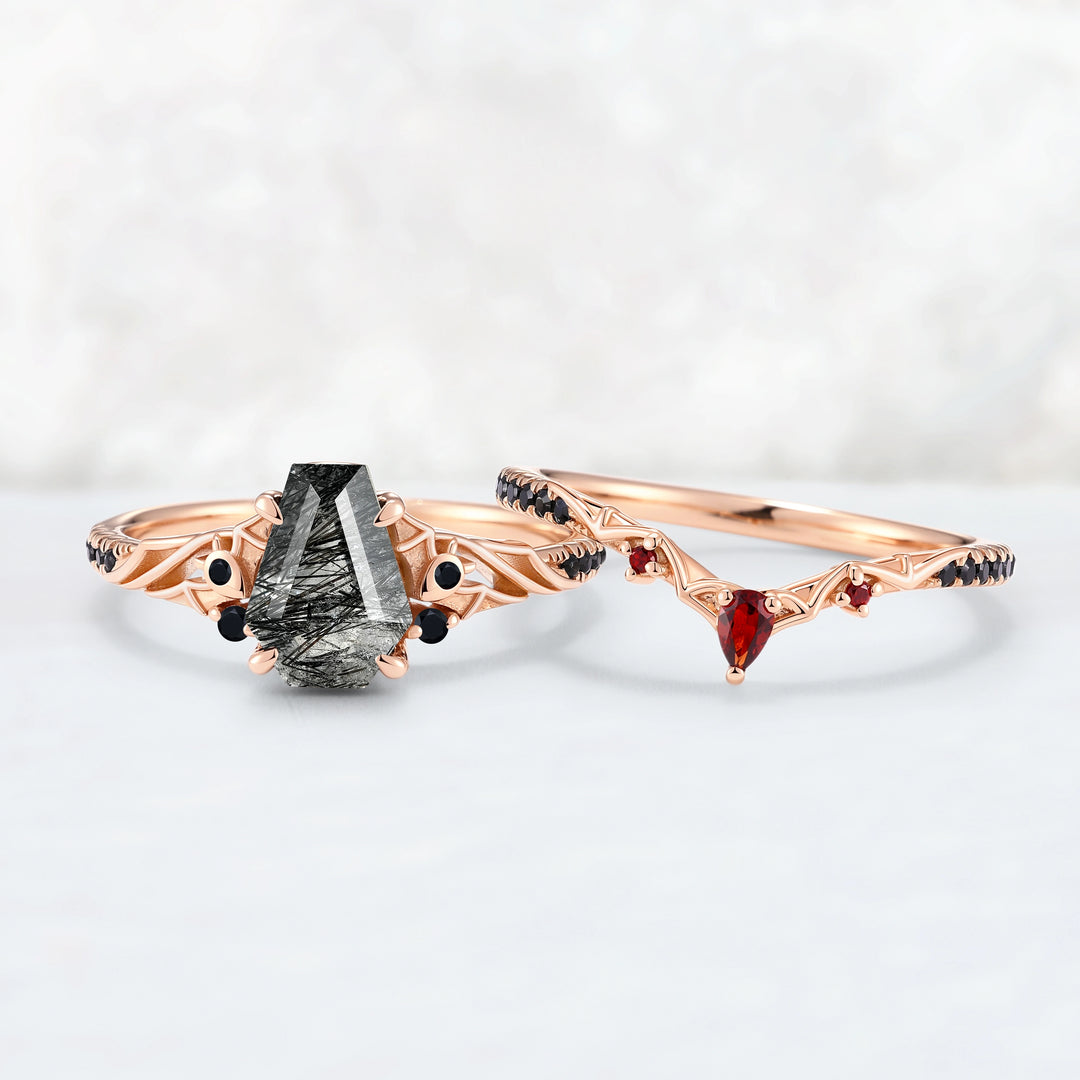 Unique Batwing Black Rutilated Quartz & Garnet Gemstone Ring Set 2pcs