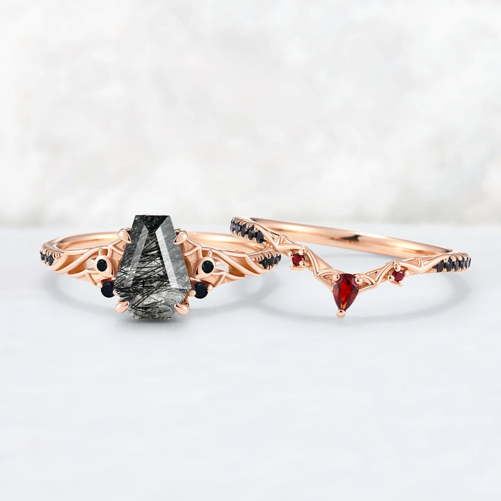 Unique Batwing Black Rutilated Quartz & Garnet Gemstone Ring Set 2pcs
