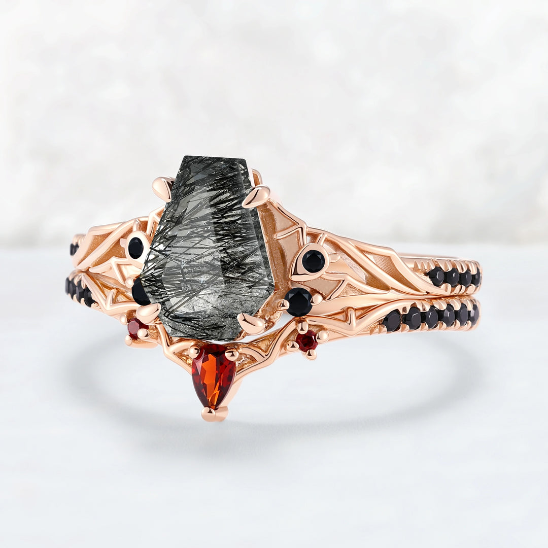 Unique Batwing Black Rutilated Quartz & Garnet Gemstone Ring Set 2pcs