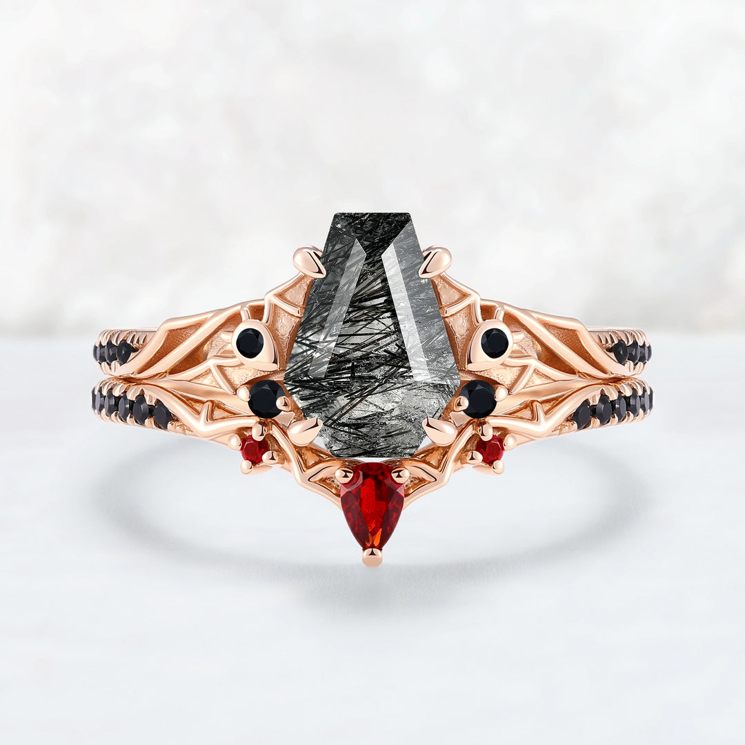 Unique Batwing Black Rutilated Quartz & Garnet Gemstone Ring Set 2pcs