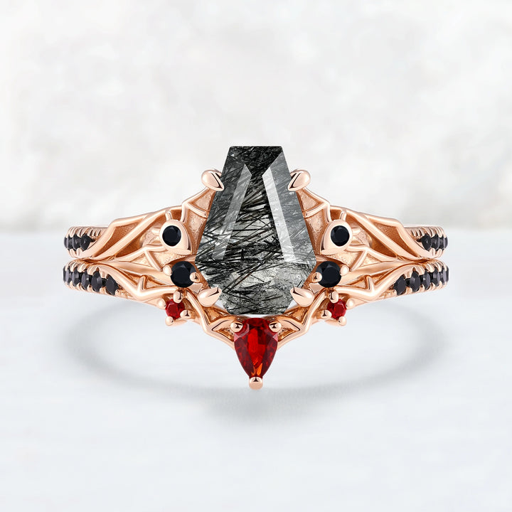 Unique Batwing Black Rutilated Quartz & Garnet Gemstone Ring Set 2pcs