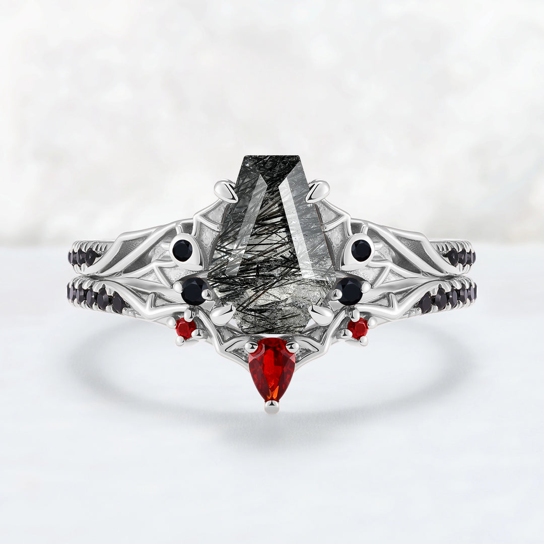 Unique Batwing Black Rutilated Quartz & Garnet Gemstone Ring Set 2pcs