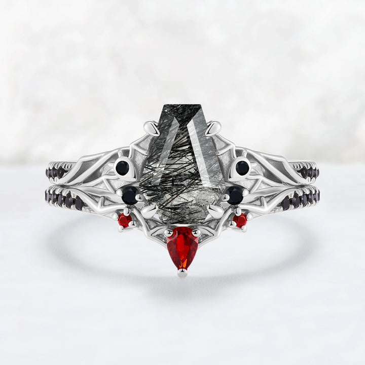 Unique Batwing Black Rutilated Quartz & Garnet Gemstone Ring Set 2pcs