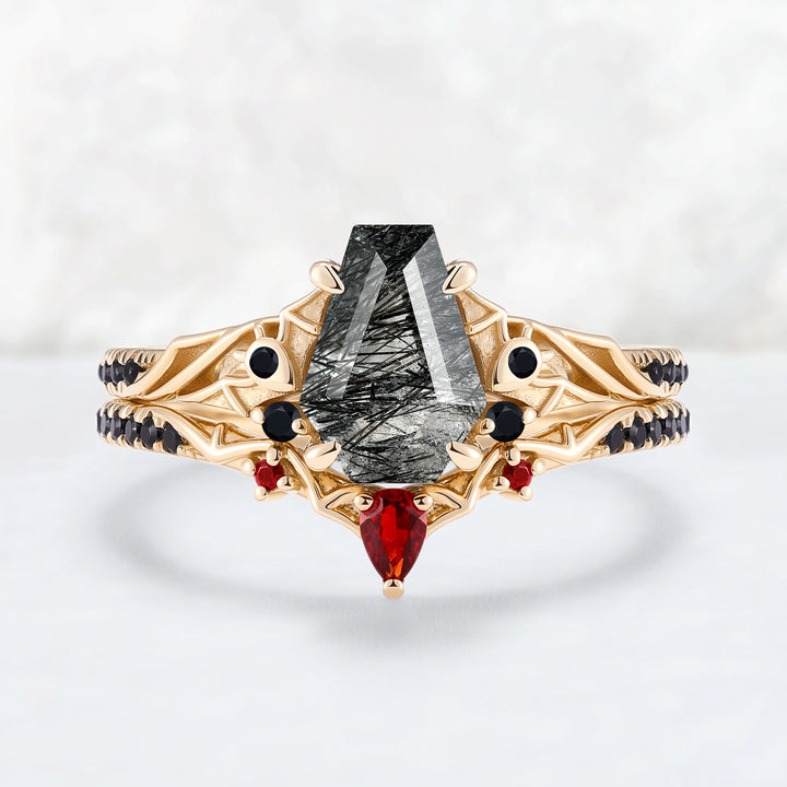 Unique Batwing Black Rutilated Quartz & Garnet Gemstone Ring Set 2pcs
