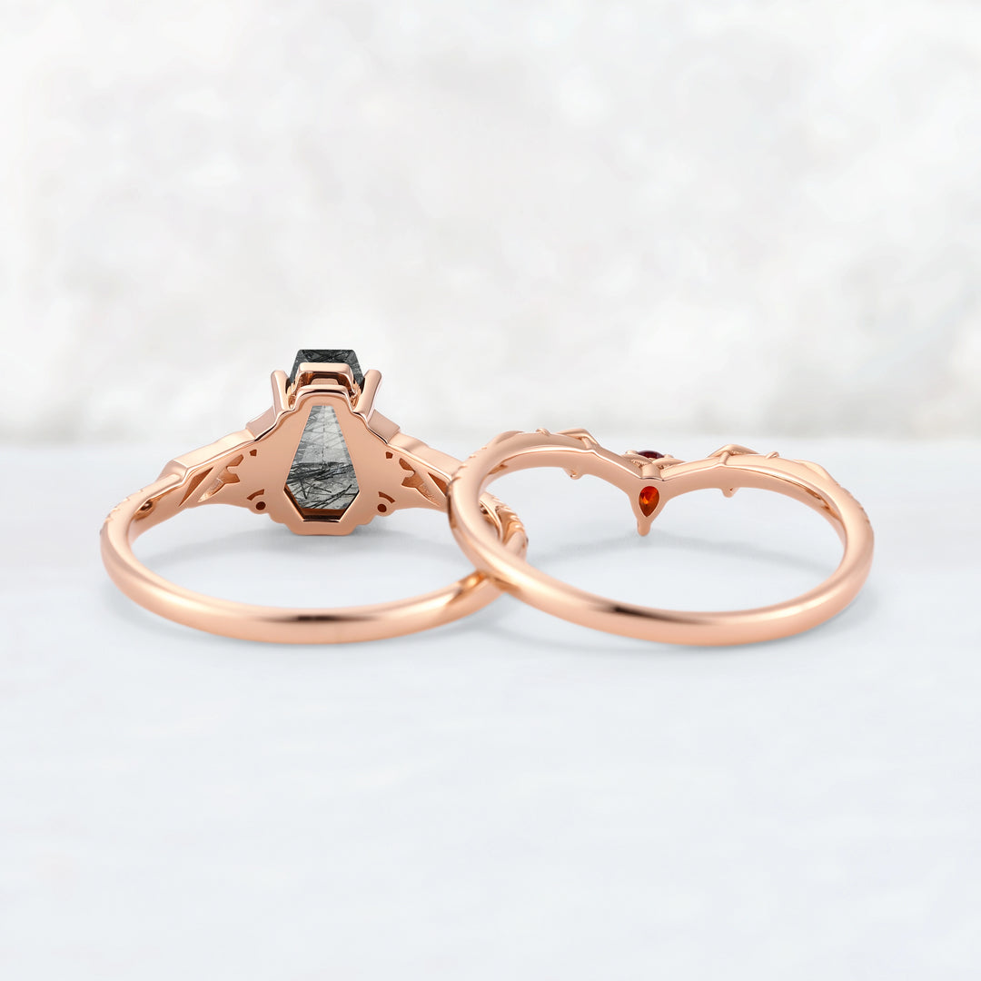 Unique Batwing Black Rutilated Quartz & Garnet Gemstone Ring Set 2pcs