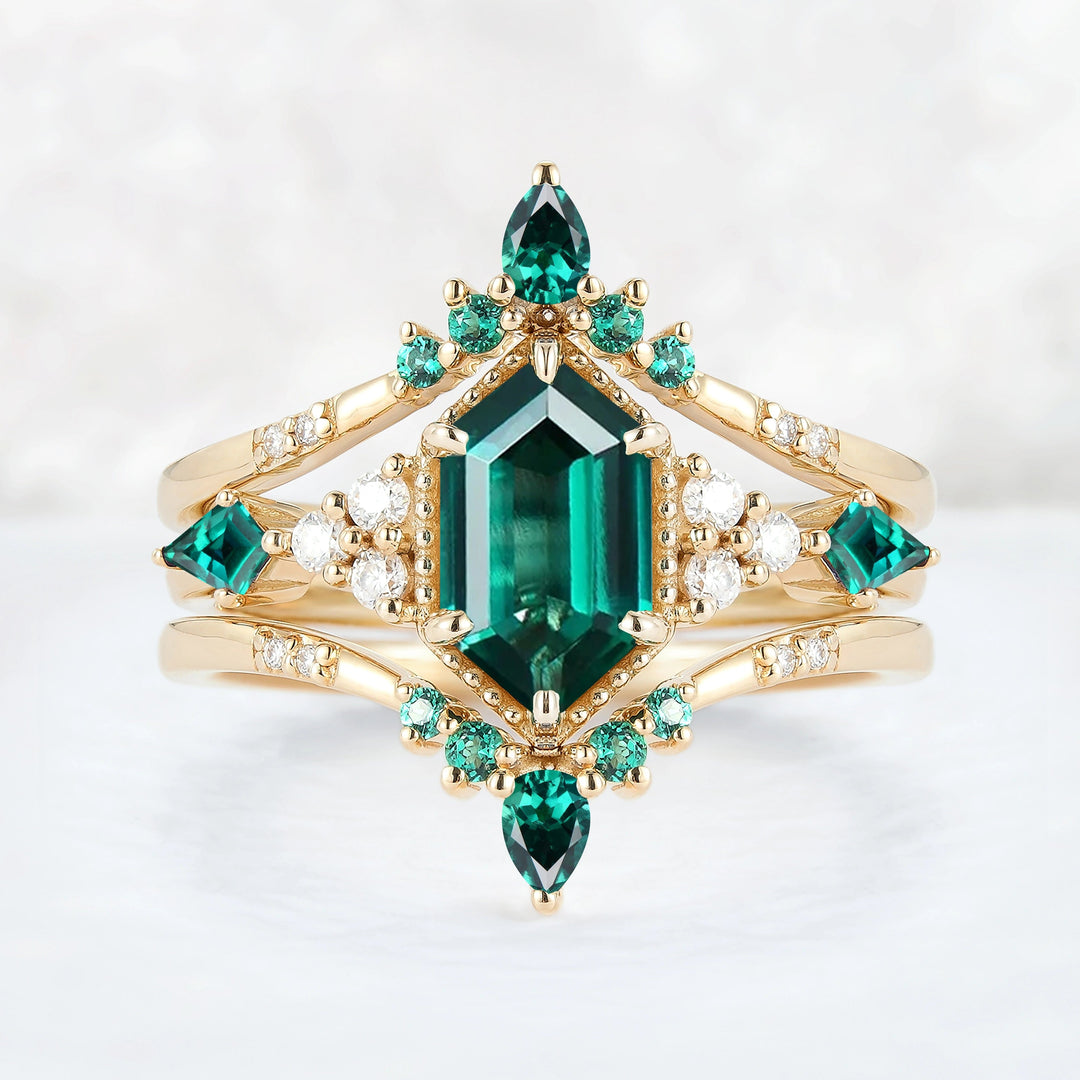 Unique Celtic Hexagon Cut Emerald Enhancer Gemstone Ring Set 2pcs