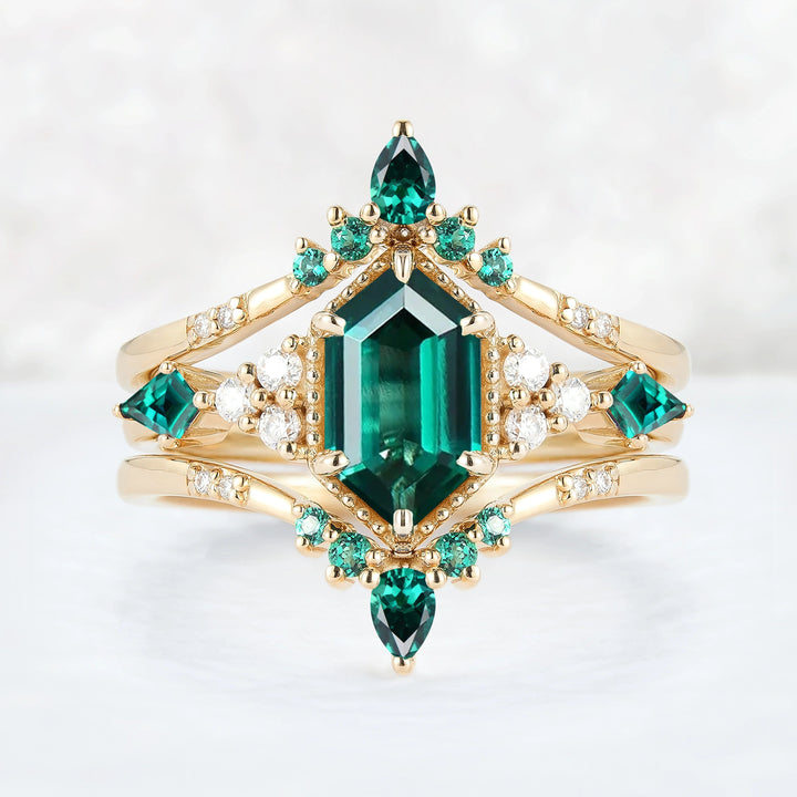 Unique Celtic Hexagon Cut Emerald Enhancer Gemstone Ring Set 2pcs